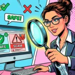 Комикс-иллюстрация поиска работы на OnlyFans. Девушка с лупой проверяет вакансии на честность, избегая мошенников. Вокруг символы денег и защиты