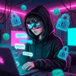 Анонимная работа чатером на OnlyFans. Девушка за ноутбуком в очках, вокруг символы безопасности, замки и криптовалюта USDT