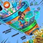 Комикс-иллюстрация воронки продаж на OnlyFans. Девушка-чатер конвертирует трафик из соцсетей в заработок криптовалюты USDT