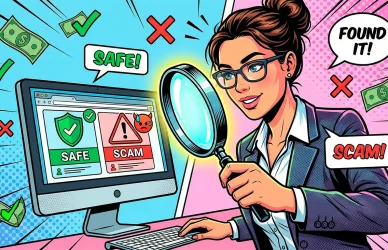 Комикс-иллюстрация поиска работы на OnlyFans. Девушка с лупой проверяет вакансии на честность, избегая мошенников. Вокруг символы денег и защиты